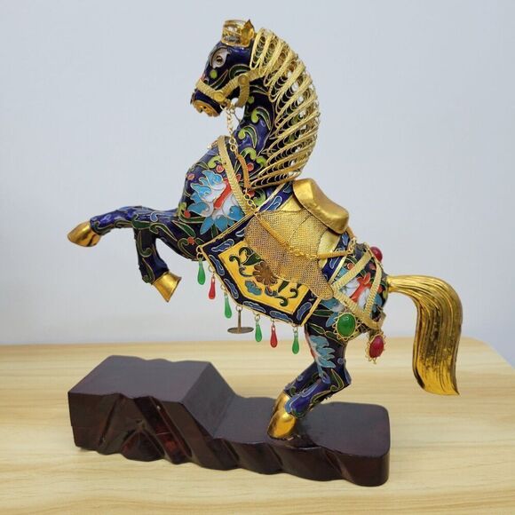 Chinese Cloisonné Rearing Horse – Enamel & Gilt Decorative Statue - Picture 1 of 12